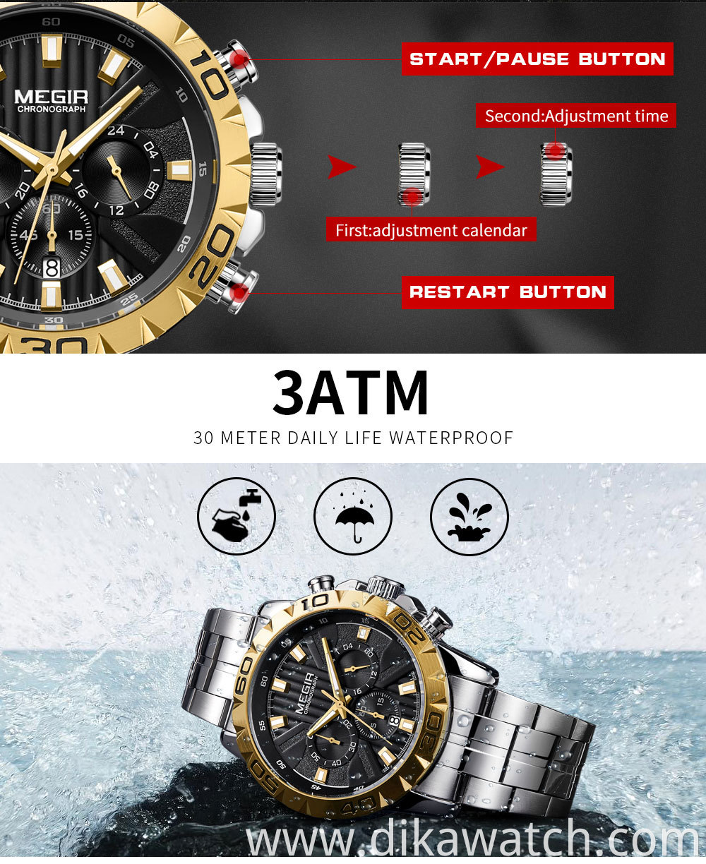 MEGIR Watch 2087 Casual Brand Stainless Steel Waterproof Watches Men Wrist Luxury Quartz Business Wristwatches Relogio Masculino